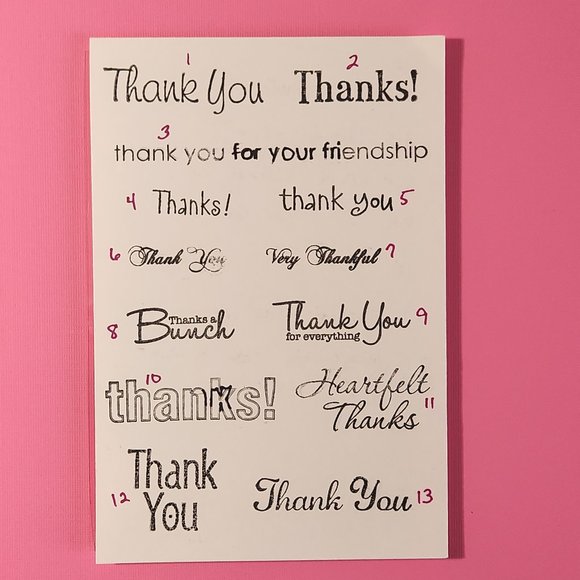 #187 THANK YOU STAMP SET: 13 THANK YOU SENTIMENTS, FRIENDSHIP - Picture 1 of 4